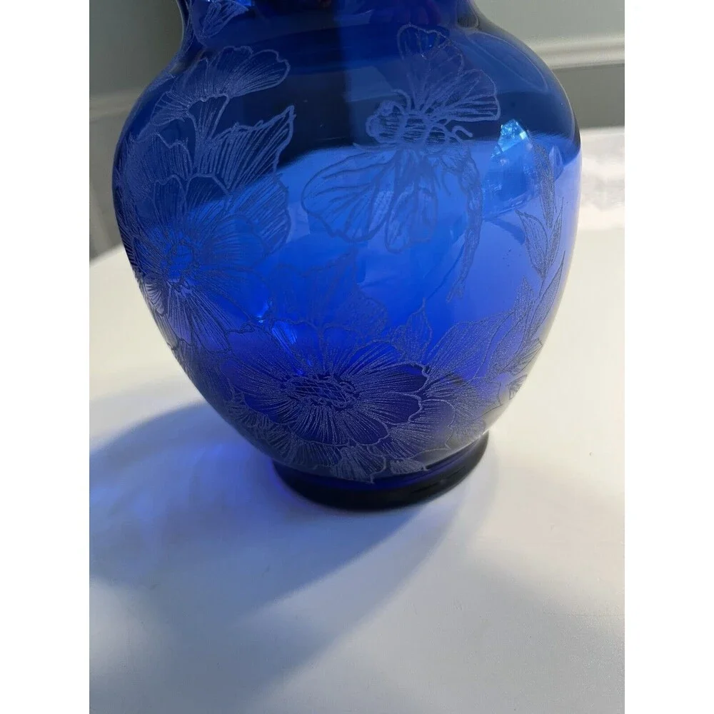 Hand Painted Floral Dragonfly Blue Glass Vase Artist Signed S Conrad